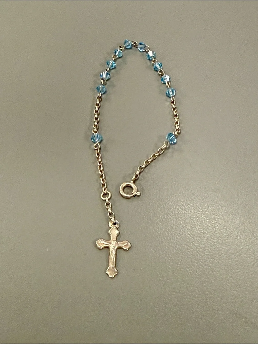 Vintage 1990s Blue Crystal Beaded Cross Charm Bracelet Silver Tone 29 Years Old